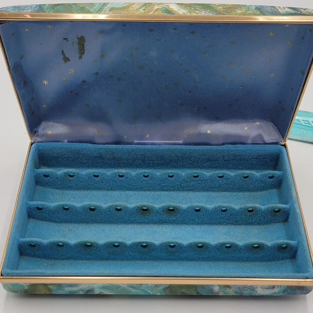 Vtg 80s/90s‎ Hard Shell Travel Jewelry Case Starburst Clamshell Box Blue Floral